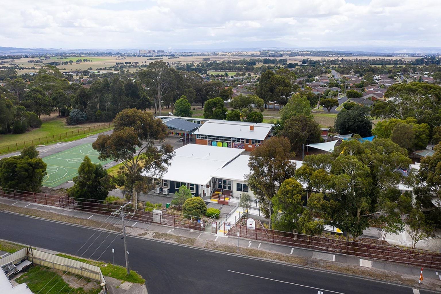 Aerial view of the completed main teaching and administration block