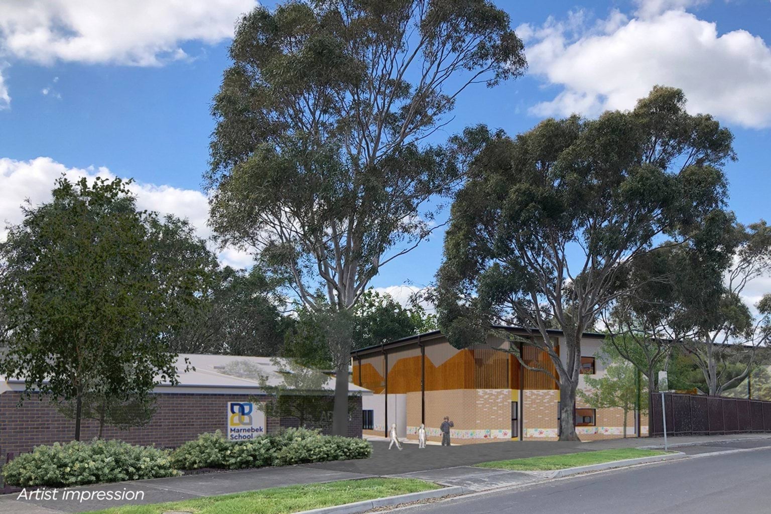 Marnebek School Cranbourne - upgrade and modernisation, Illustrated render -admin & new learning building main school entry