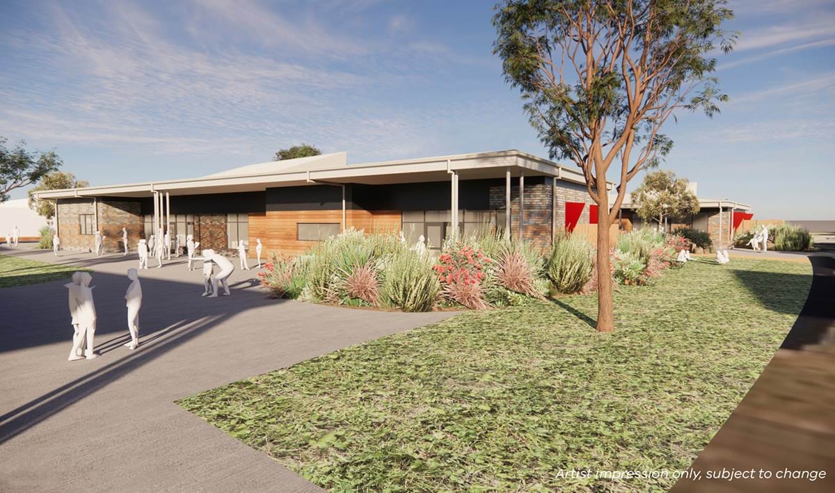 Kyabram P-12 College - upgrade and modernisation, illustrated render of the exterior of outdoor collaboration area 
