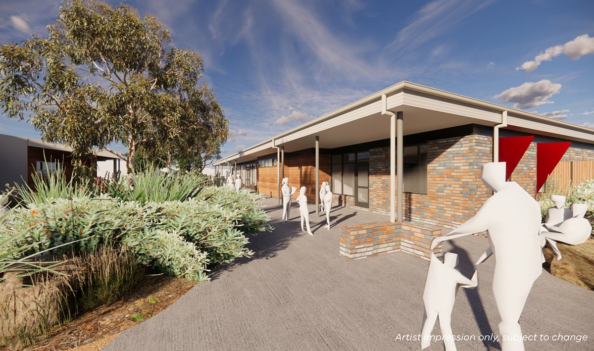 Kyabram P-12 College - upgrade and modernisation, illustrated render of the exterior of leadership corner