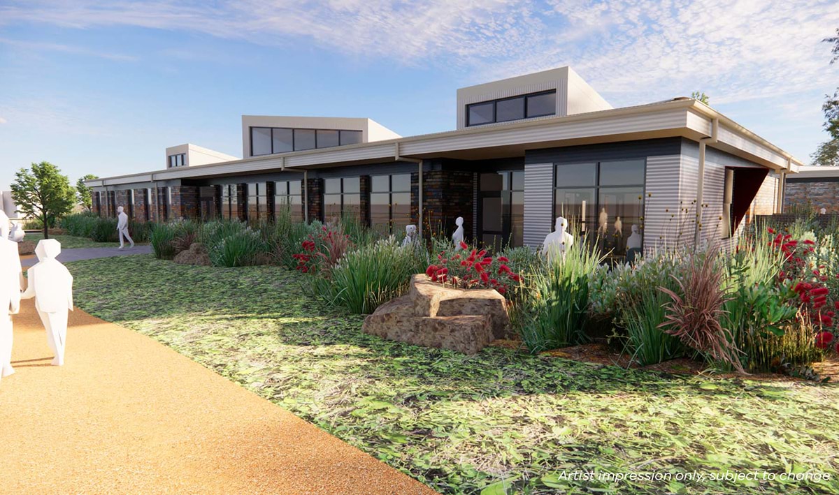 Kyabram P-12 College - upgrade and modernisation, illustrated render of the exterior of wellbeing area
