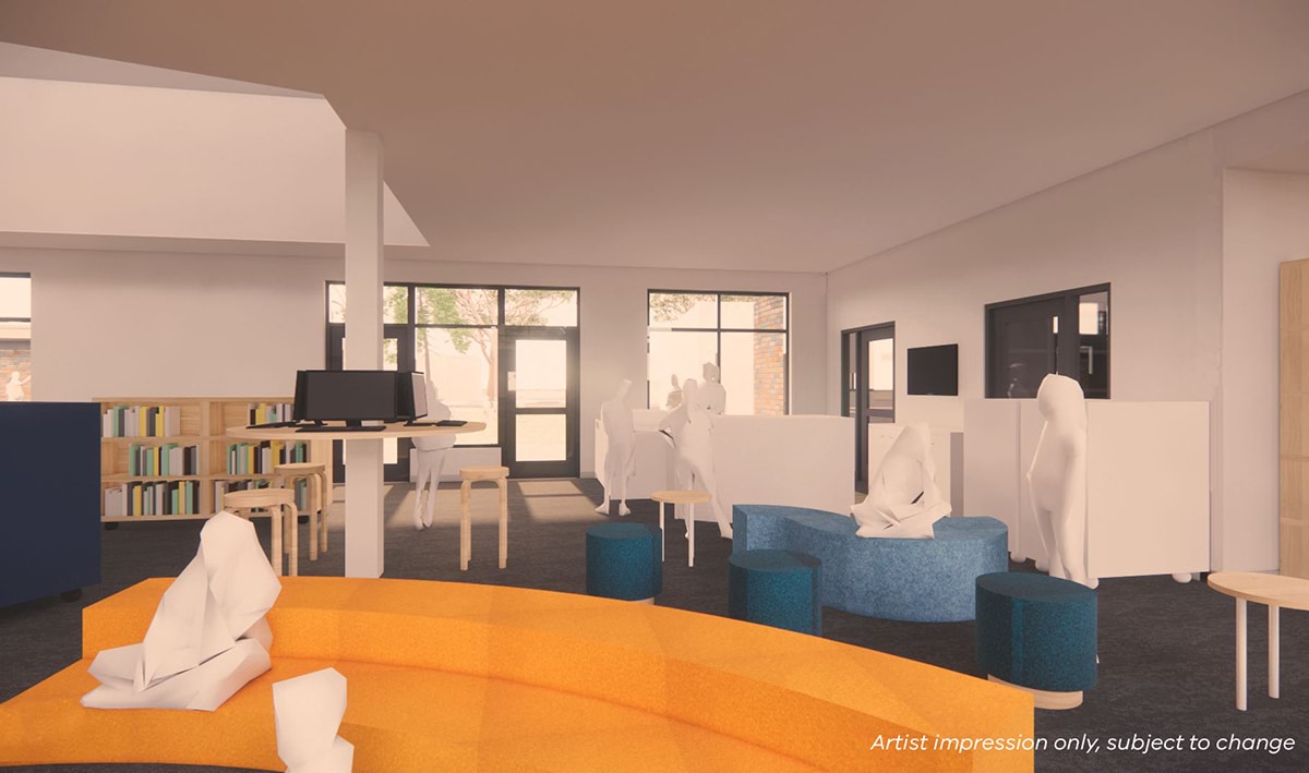 Kyabram P-12 College - upgrade and modernisation, illustrated render of the interior of the library
