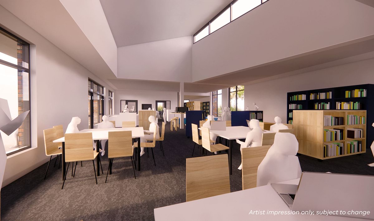 Kyabram P-12 College - upgrade and modernisation, illustrated render of the interior of the library