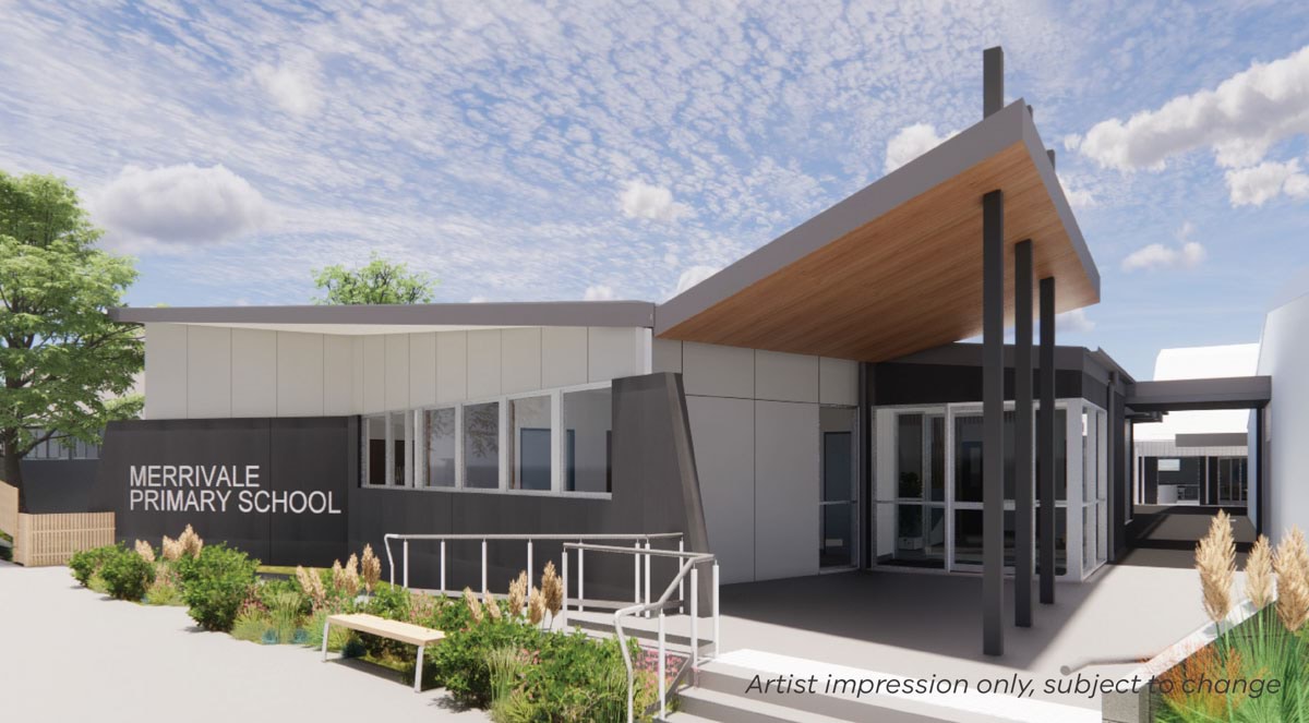 Merrivale Primary School - upgrade and modernisation, illustrated render of block B entrance