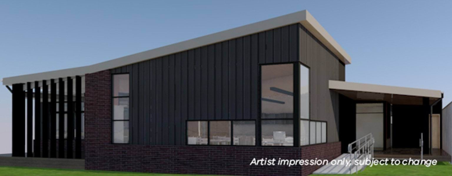 Jackson School - upgrade, illustrated render of the exterior of the middle school entrance