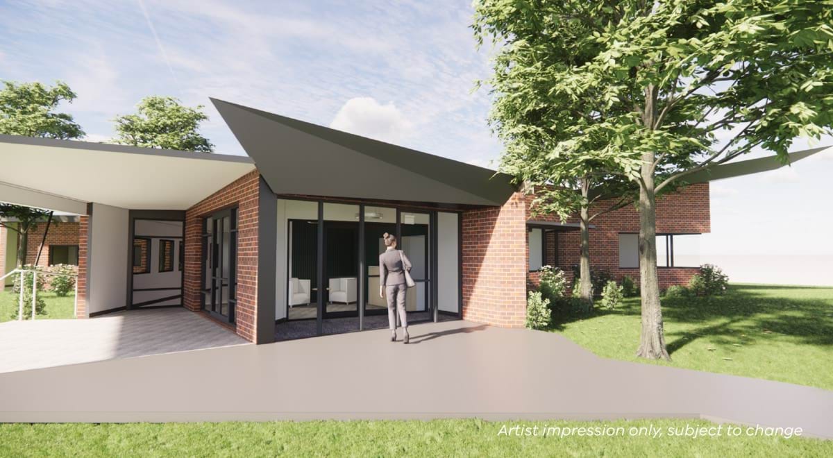 Korumburra Secondary College - upgrade and modernisation, illustrated render of administration building