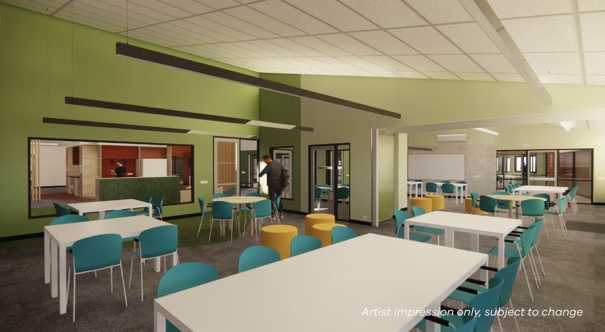 Korumburra Secondary College - upgrade and modernisation, illustrated render of learning hub classrooms