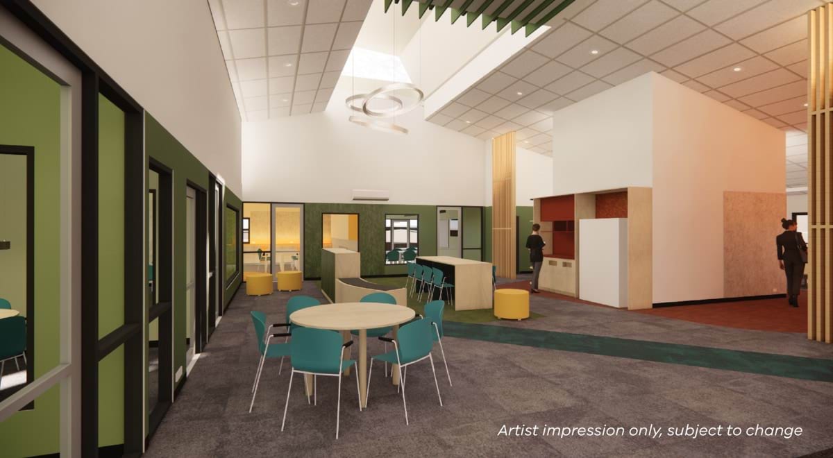 Korumburra Secondary College - upgrade and modernisation, illustrated render of learning hub collaboration space