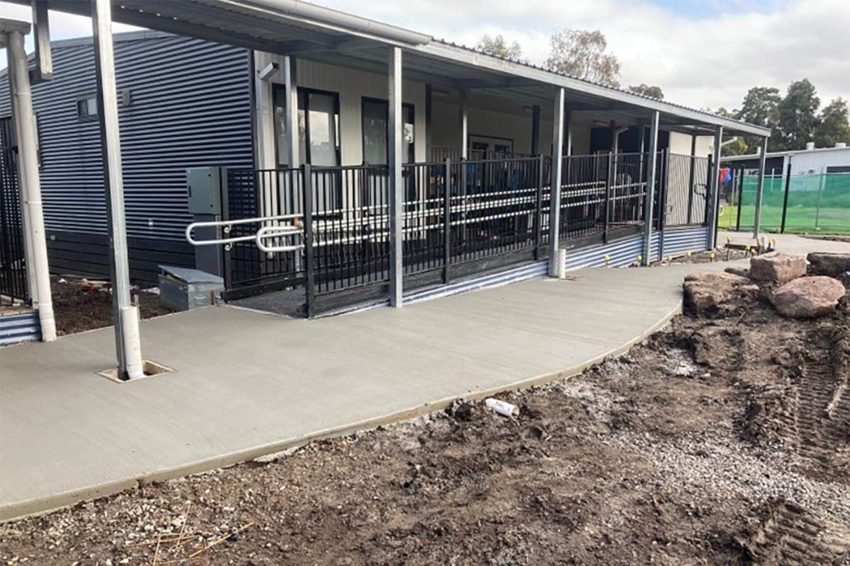 Glenroy Central Kindergarten - upgrade, photograph of exterior of modular building and its outdoor path and landscaping