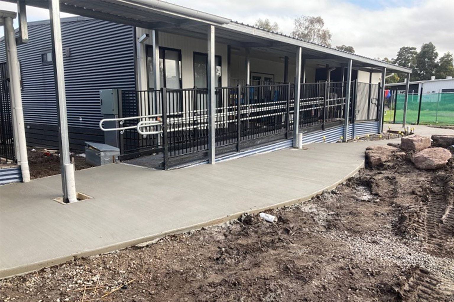 Glenroy Central Kindergarten - upgrade, photograph of exterior of modular building and its outdoor path and landscaping