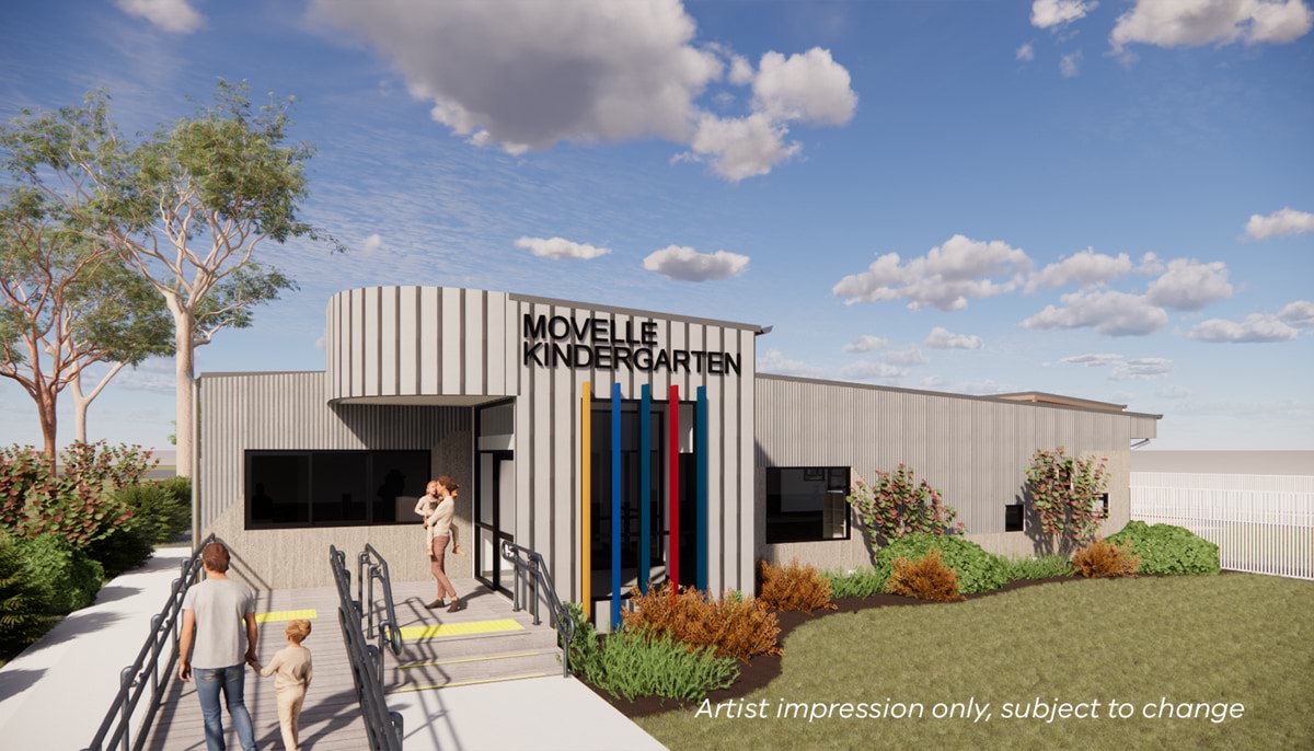 Movelle Kindergarten - new kinder, illustrated render of main entrance exterior