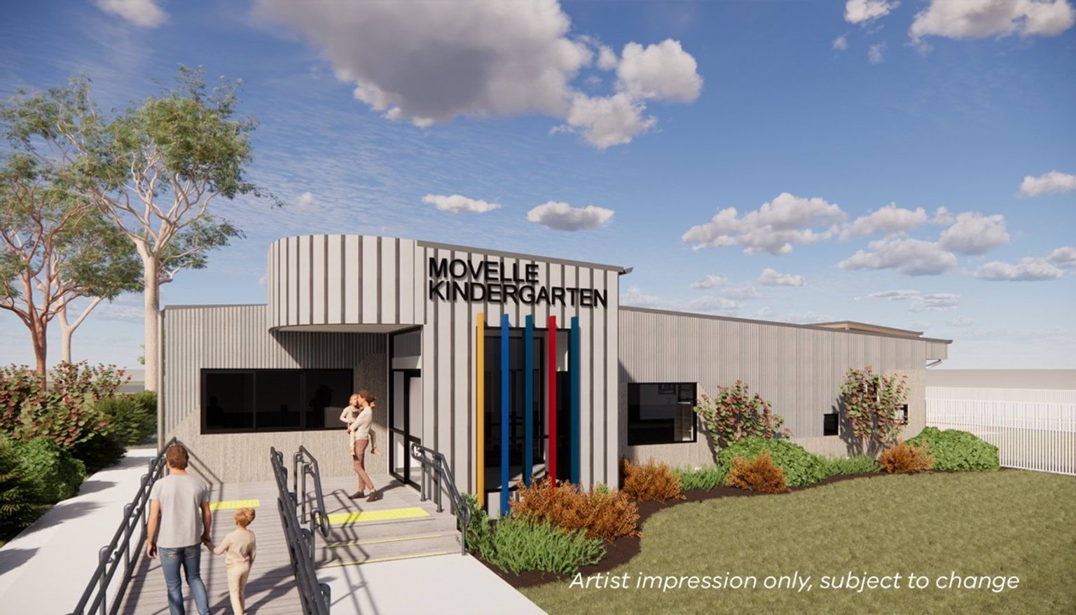 Movelle Kindergarten - new kinder, illustrated render of main entrance exterior