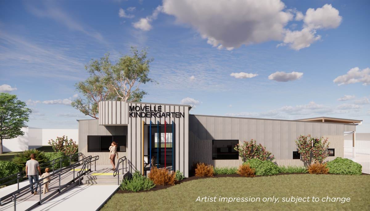 Movelle Kindergarten - new kinder, illustrated render of main entrance exterior