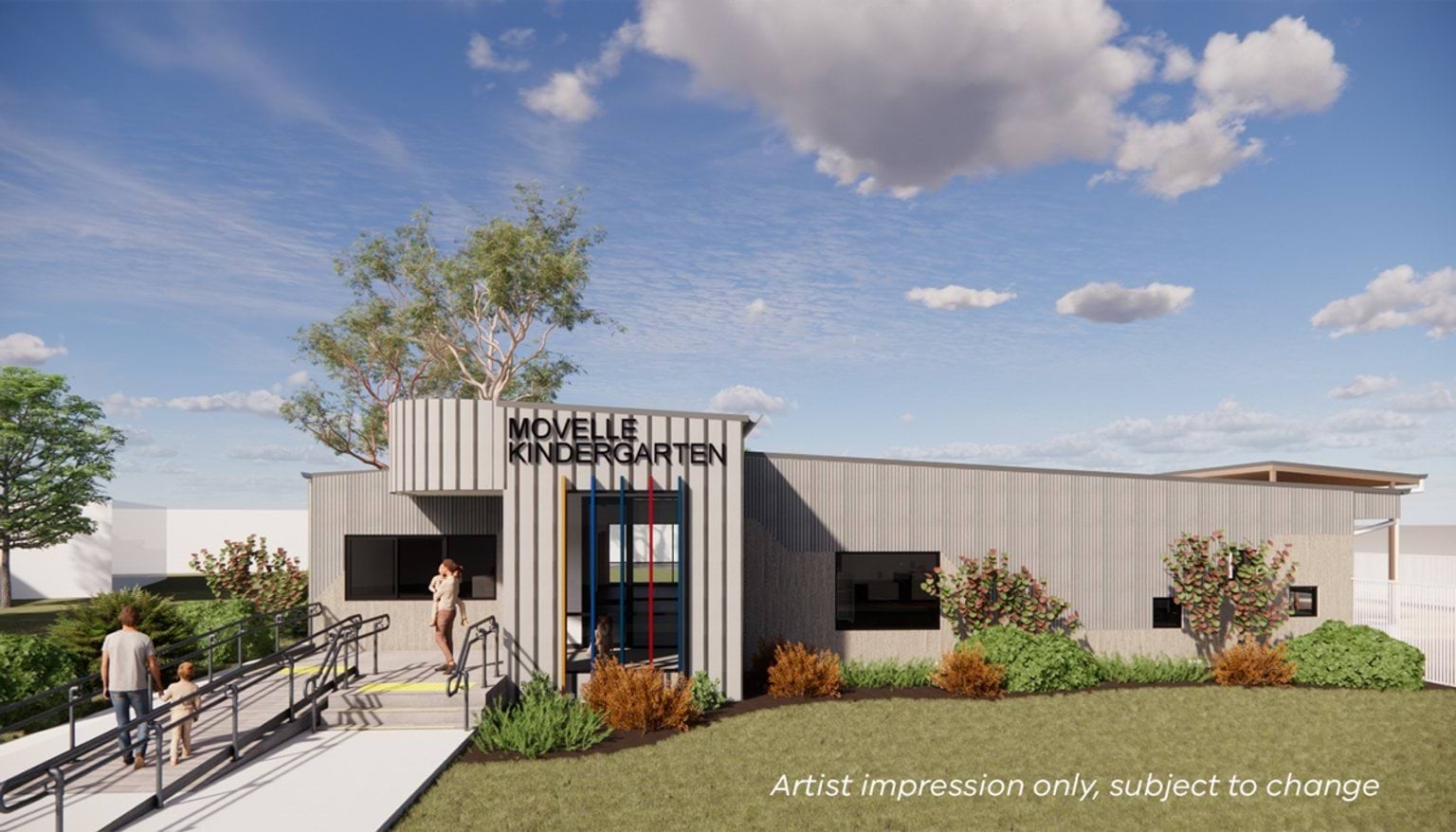 Movelle Kindergarten - new kinder, illustrated render of main entrance exterior