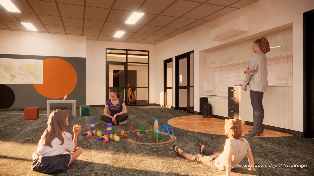 Movelle Kindergarten - new kinder, illustrated render of interior of learning hub