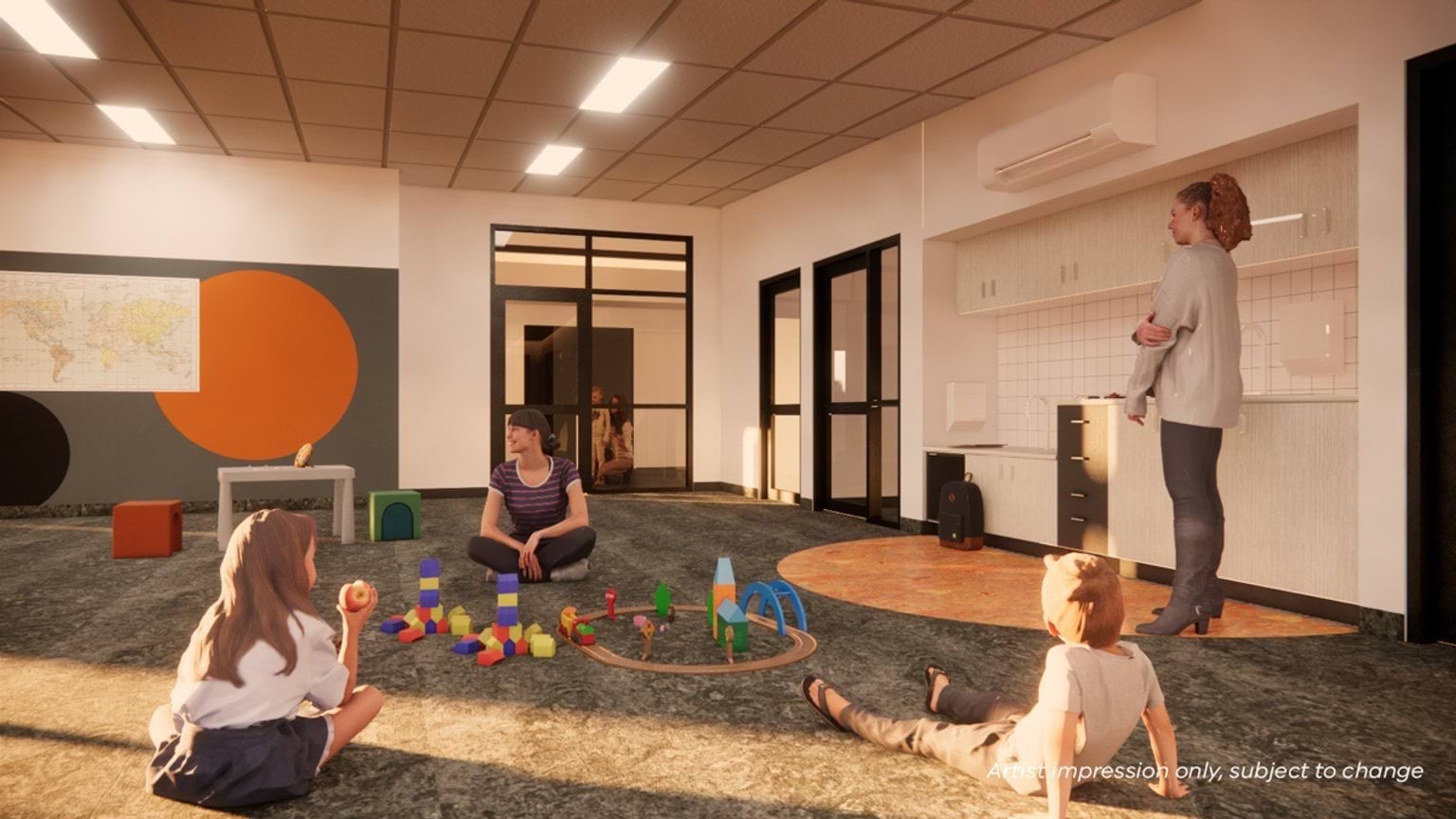 Movelle Kindergarten - new kinder, illustrated render of interior of learning hub