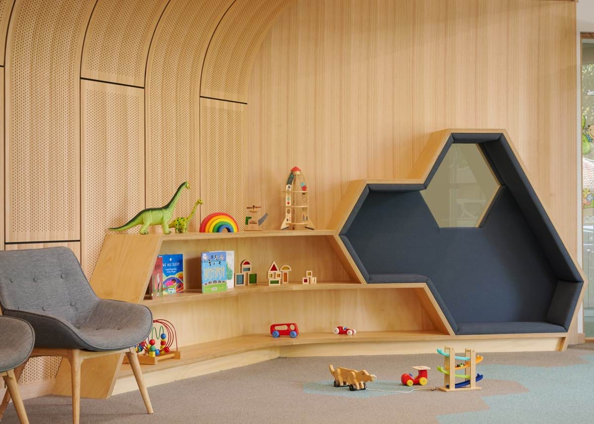 Photo of wall feature with shelves and seating