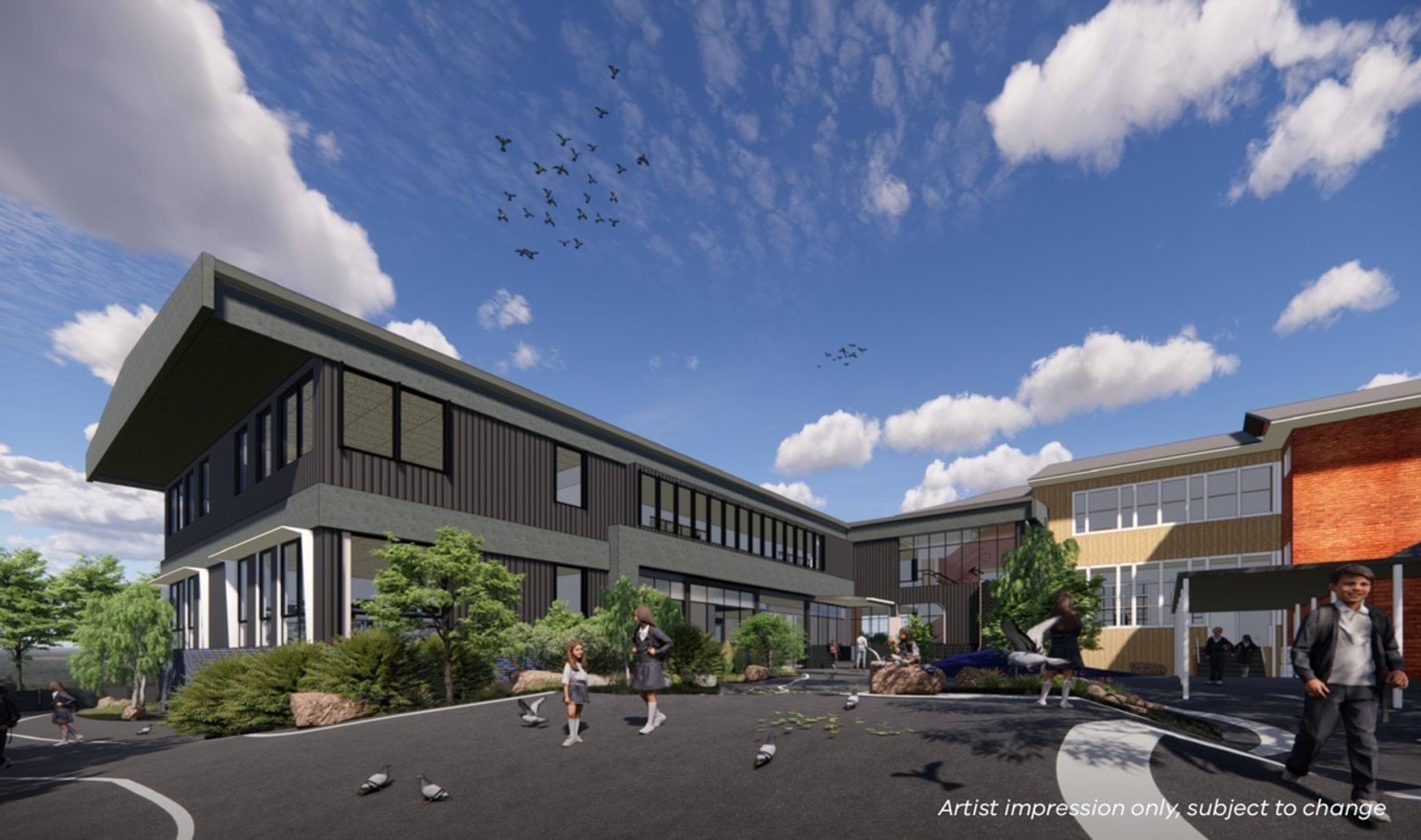 Ascot Vale West Primary School - upgrade, illustrated render of outdoor courtyard