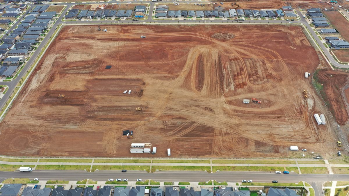 Truganina North Secondary School (interim name) - junior campus - construction photo of site progress in January 2023 - aerial shot of site