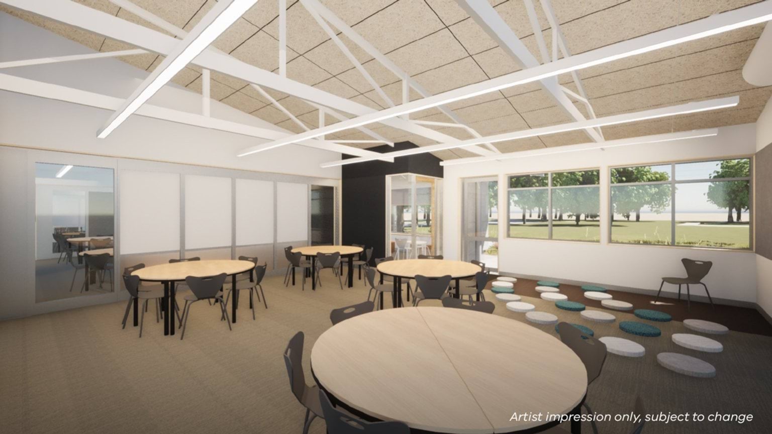 Goonawarra Primary School - illustrated render showing round tables inside a school classroom