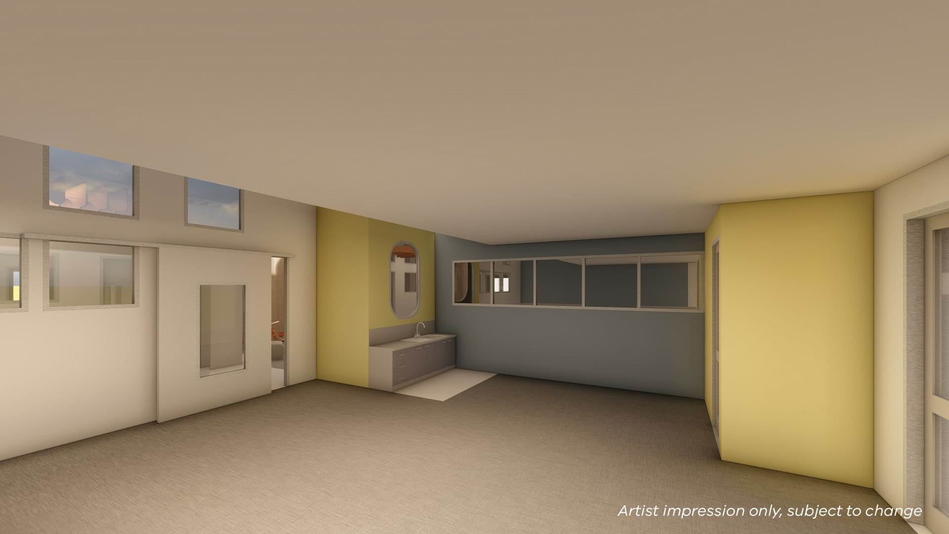 Illustrated render of an indoor learning space