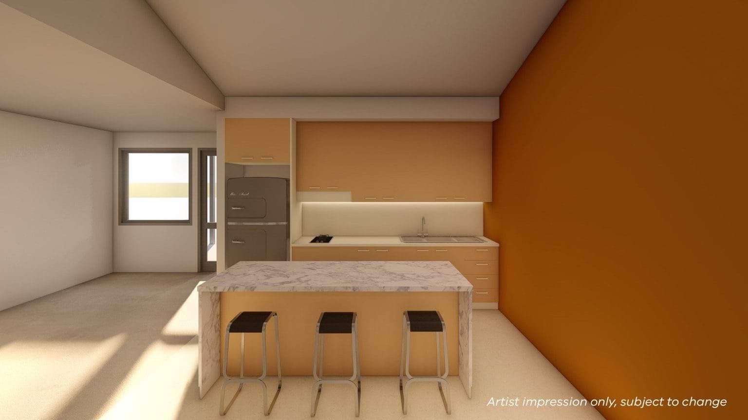 Illustrated render of a kitchen