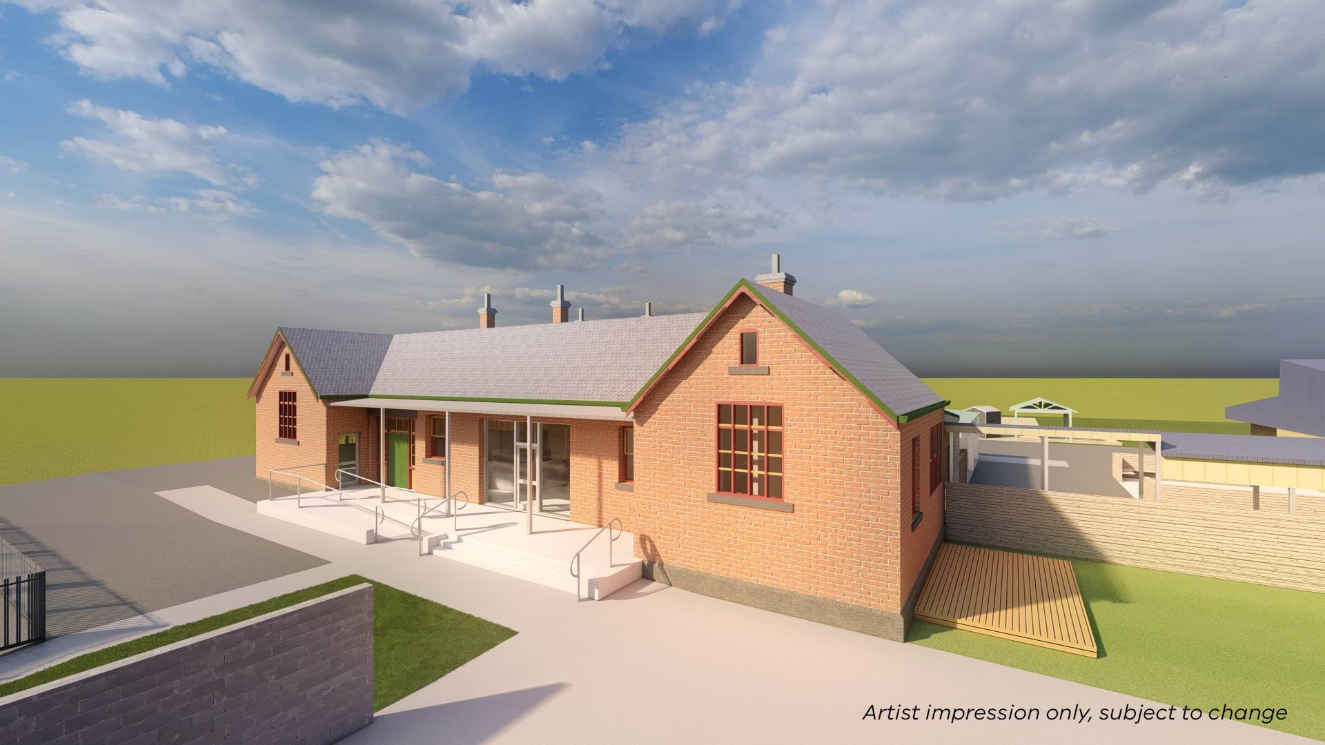 llustrated render of the exterior of a school building