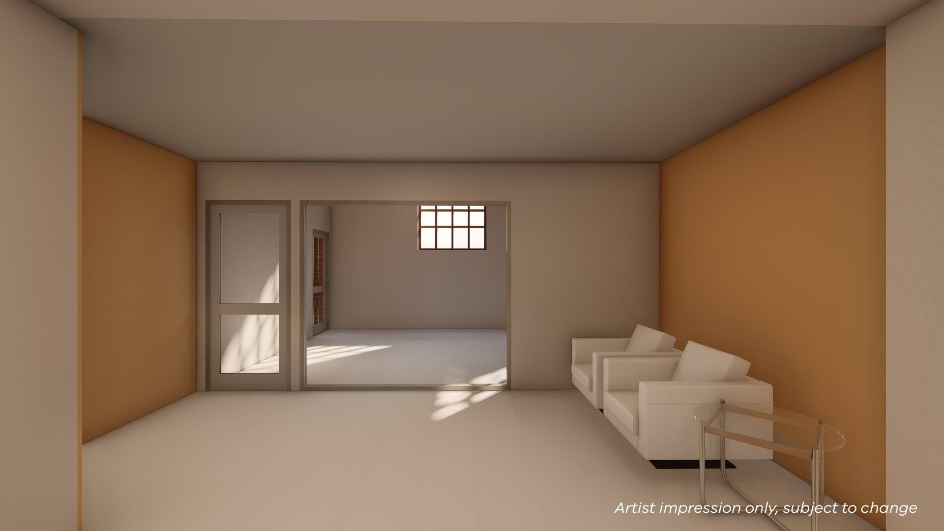 Illustrated render of a seating area with two couches.
