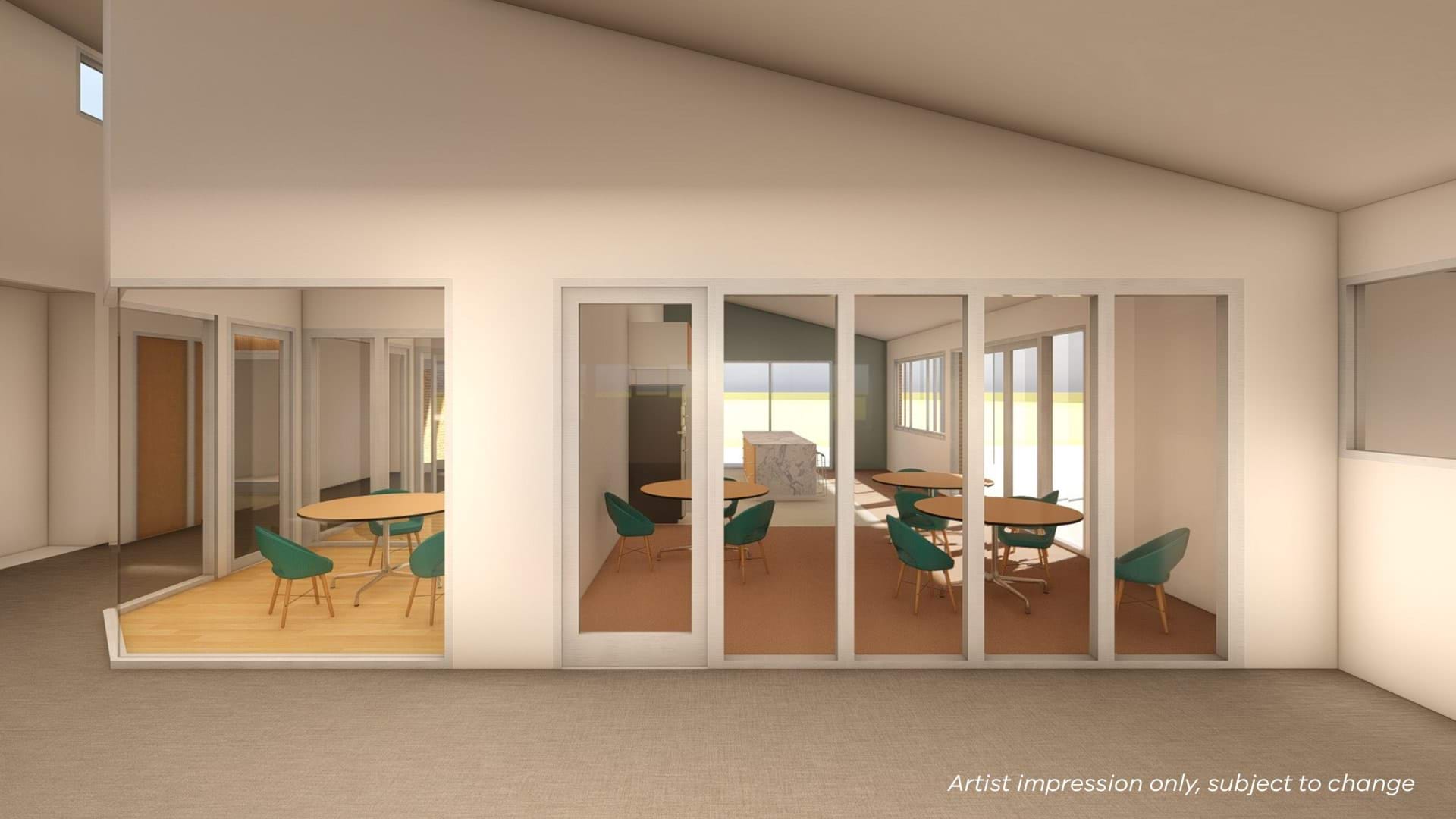 Illustrated render showing an indoor seating area
