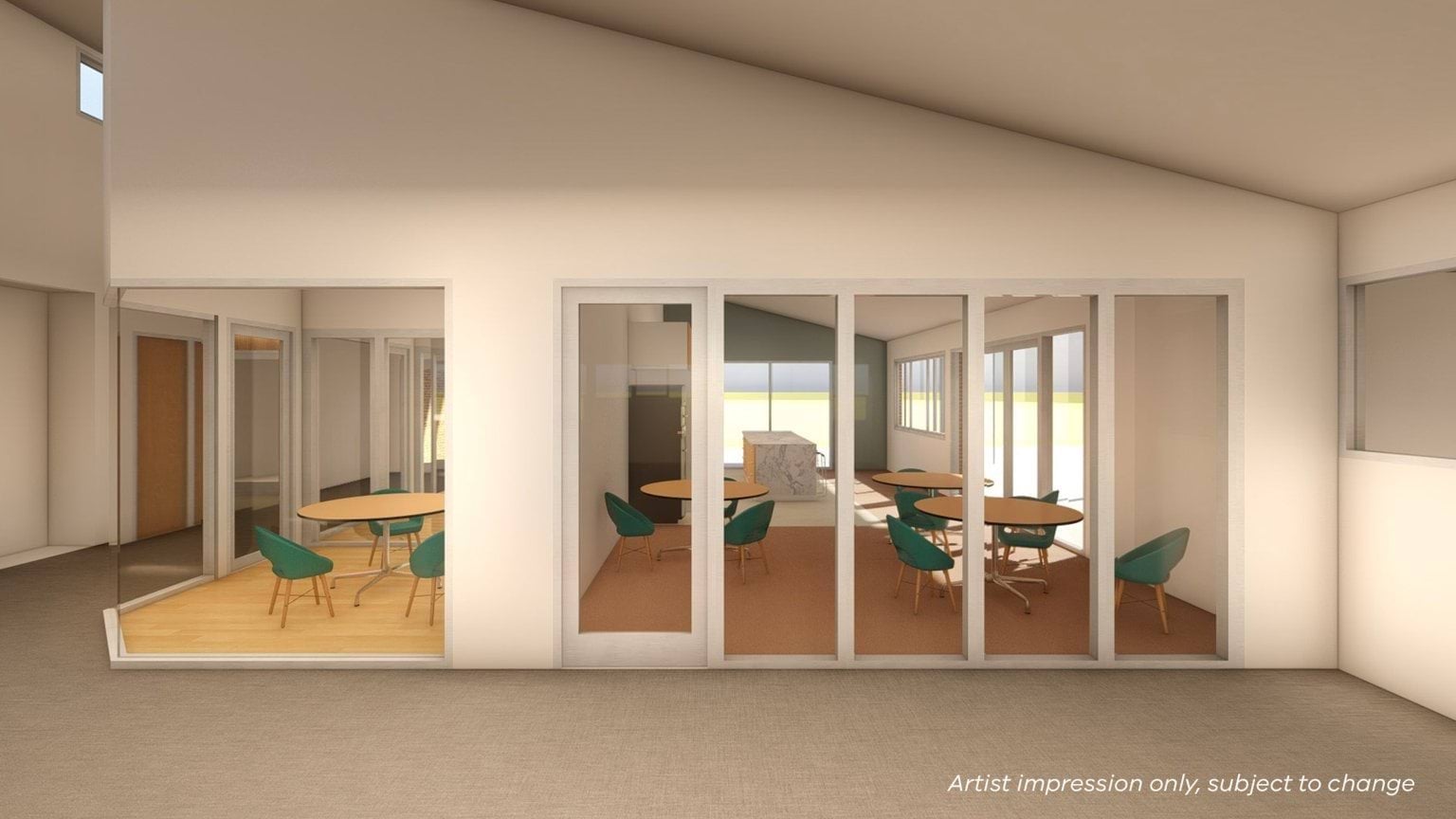 Illustrated render showing an indoor seating area