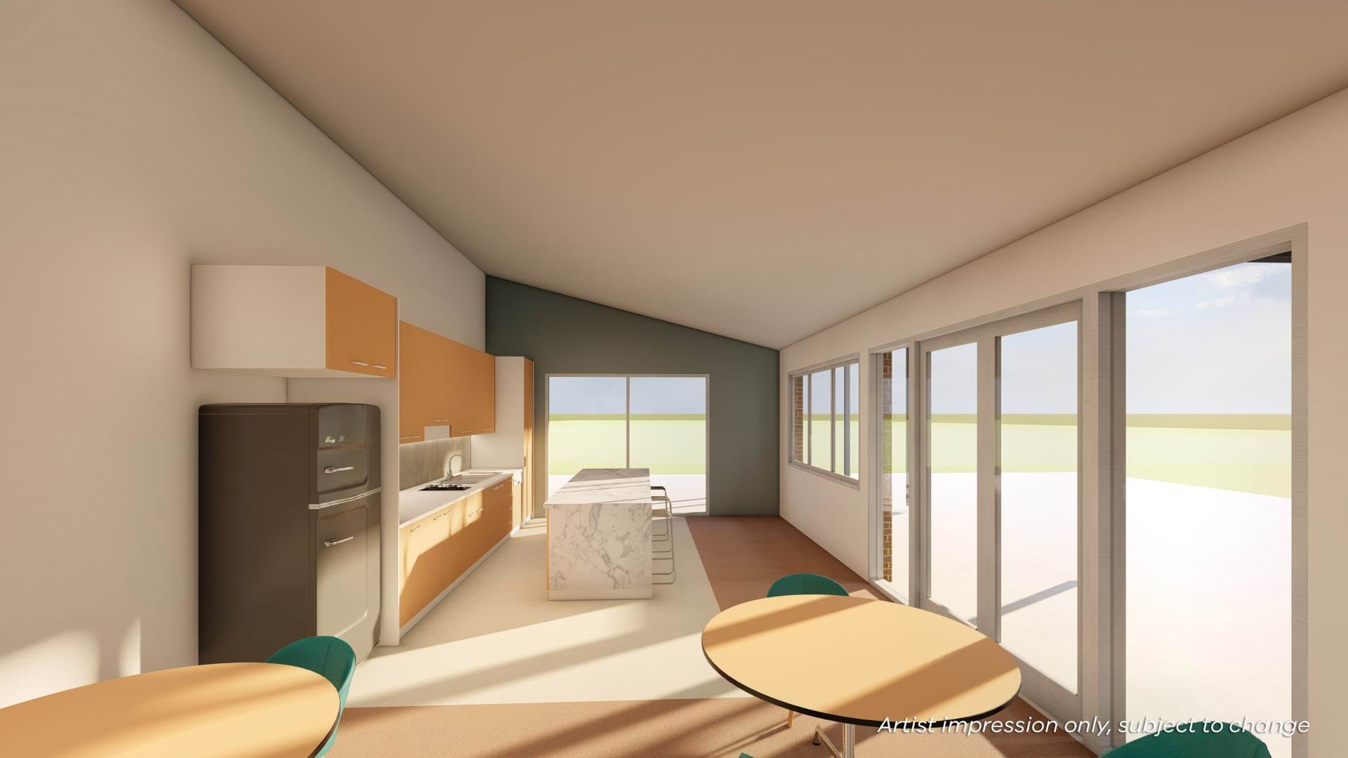 Illustrated render of a kitchen eating area