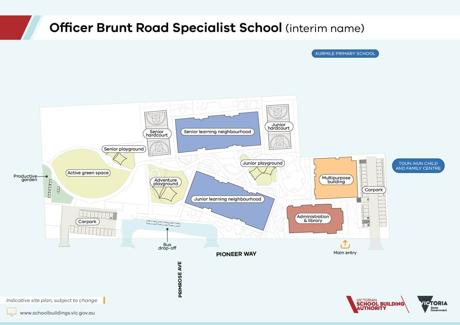 An indicative site plan of Officer Brunt Road Specialist School (interim name)