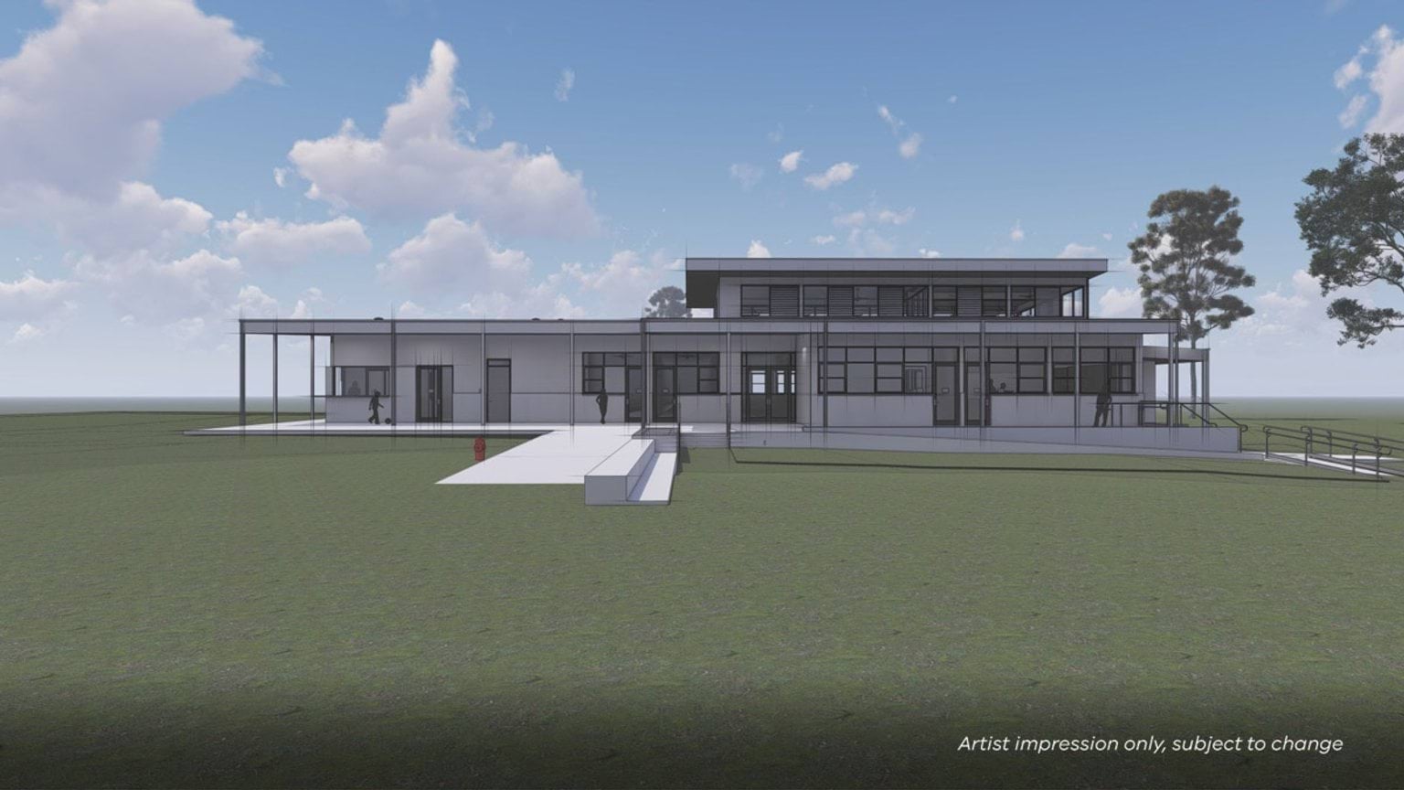 An computer-generated drawing of a 2-storey building being upgraded at this school. There is also a concrete path wrapping around and in front of the building.