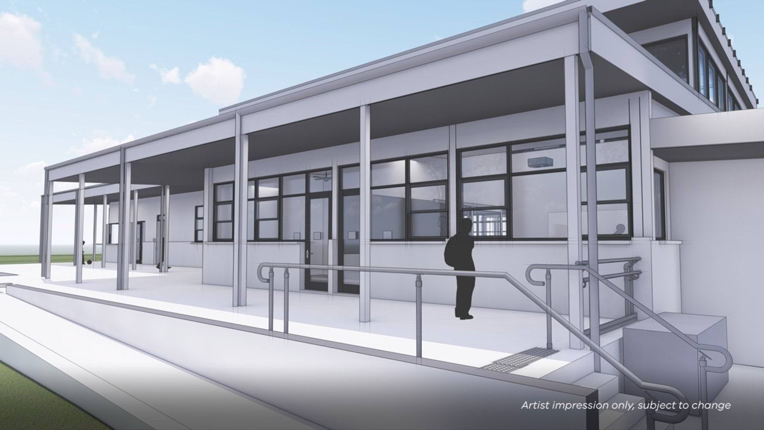 A close-up of a computer-generated drawing of a building being upgraded at this school. There is a school student standing outside. There is a concrete path in front with stairs leading down to a lower area. 