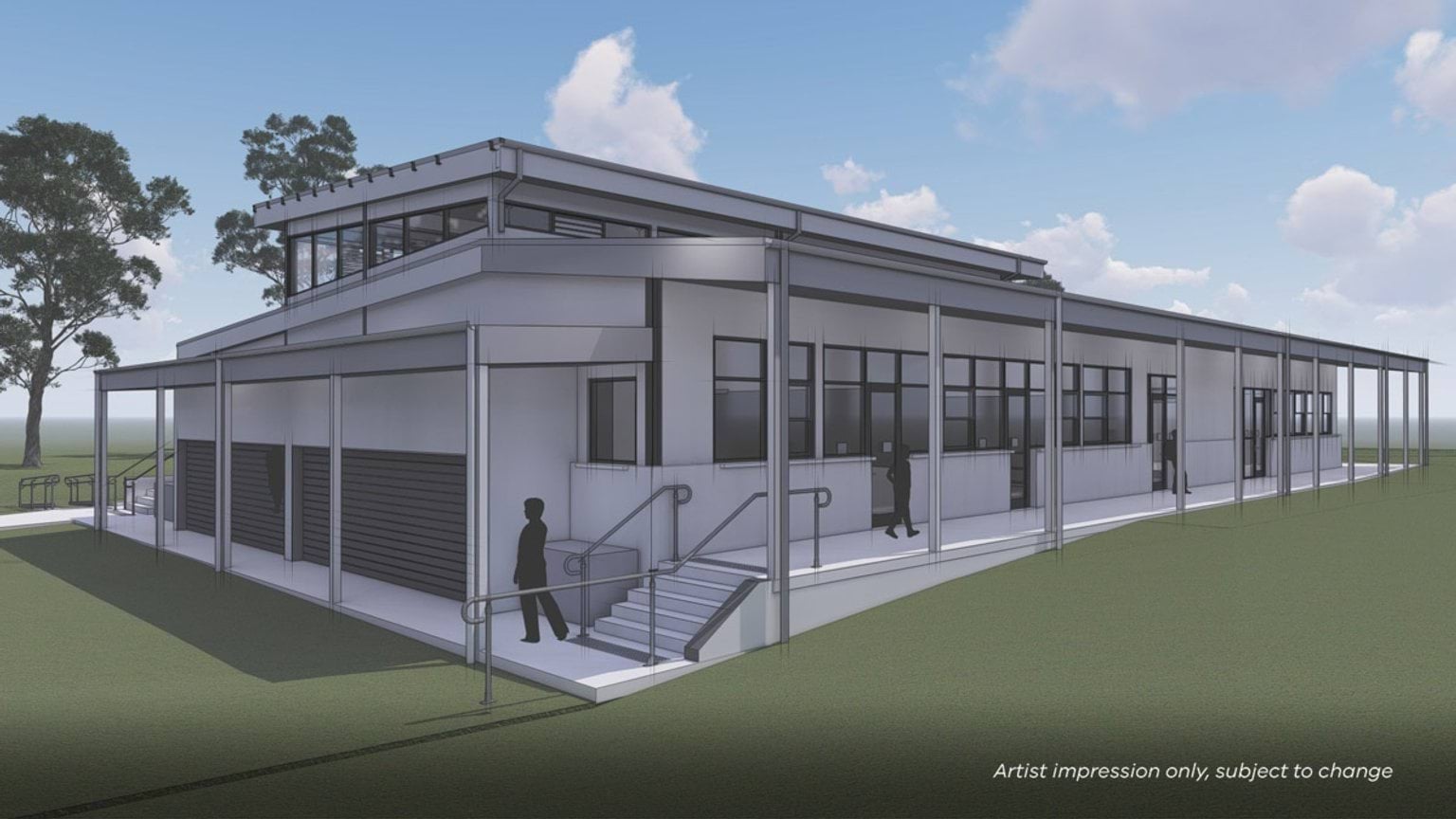 A different angle of a computer-generated drawing of a 2-storey building being upgraded at this school. There is also a concrete path wrapping around the building. There are school students walking around on the path. 