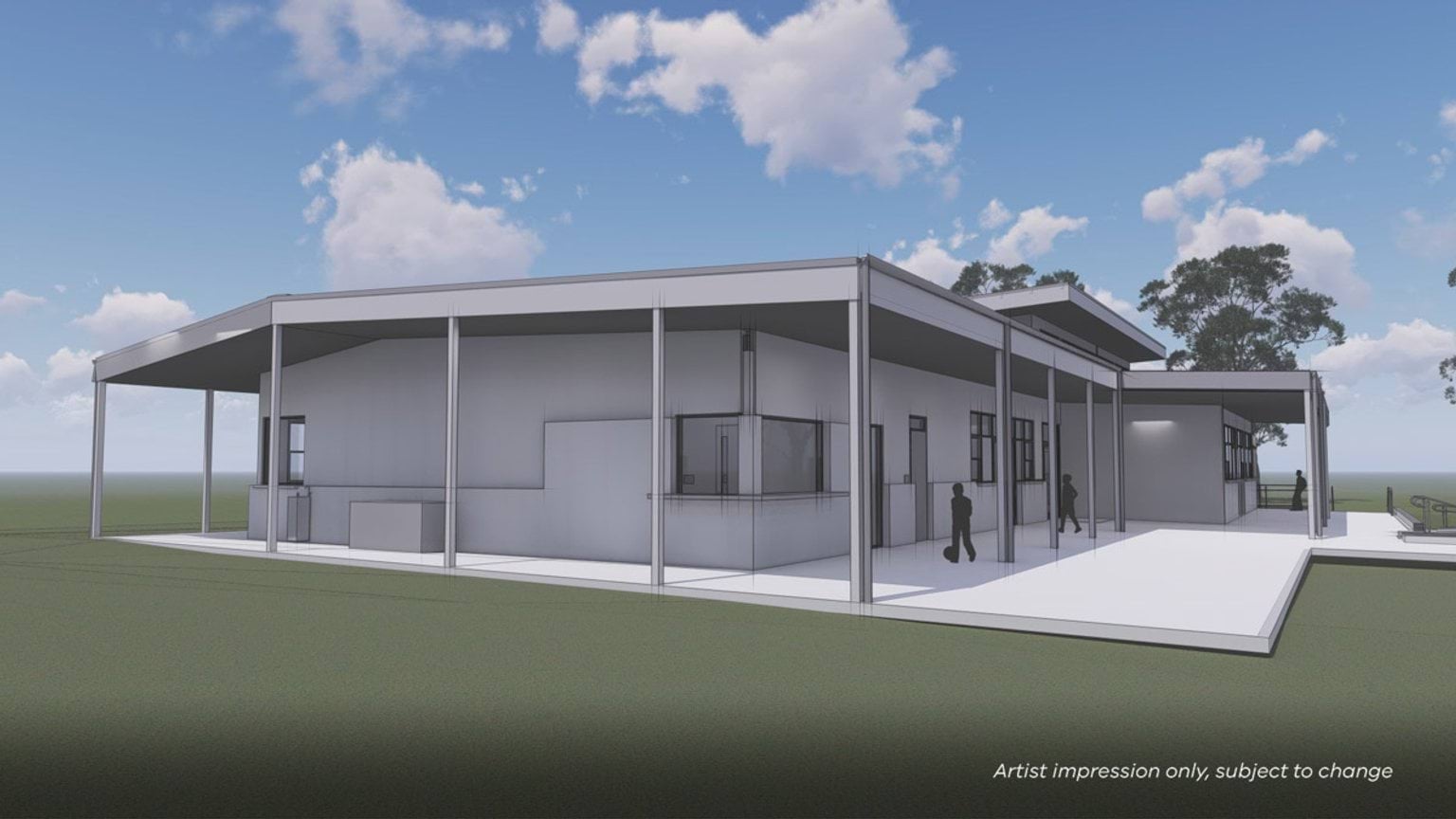 Another angle of a computer-generated drawing of a building being upgraded at this school. There is also a concrete path wrapping around and in front of the building. School students are walking around the building. 