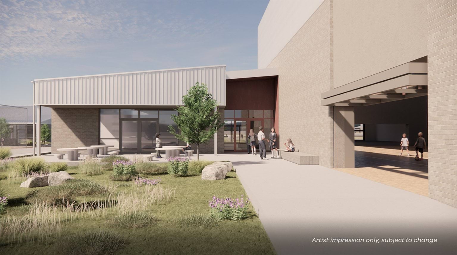 Render of outdoor area with grass and shrubs, a pathway, and a white school building.
