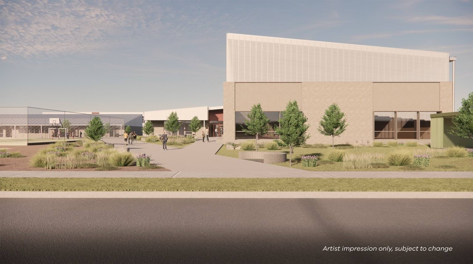 Render of outdoor view of a white school building. There are trees, grass, a footpath, and a road in front of the complex.