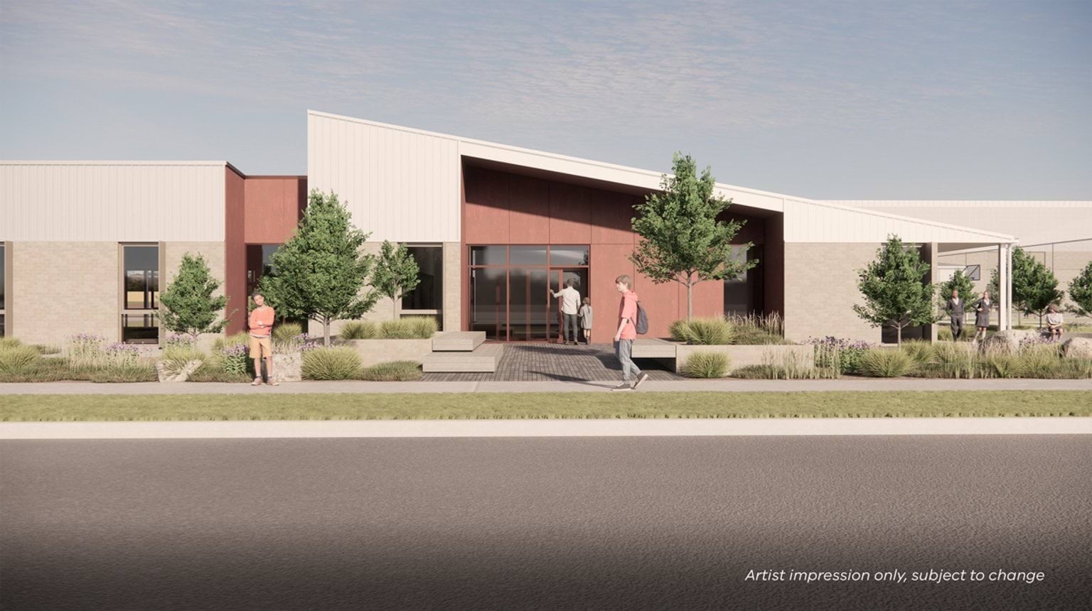 Zoomed in render of school entrance. There is an entry door in a red feature wall that is part of a white school building. In front of it, there's a footpath and a road.