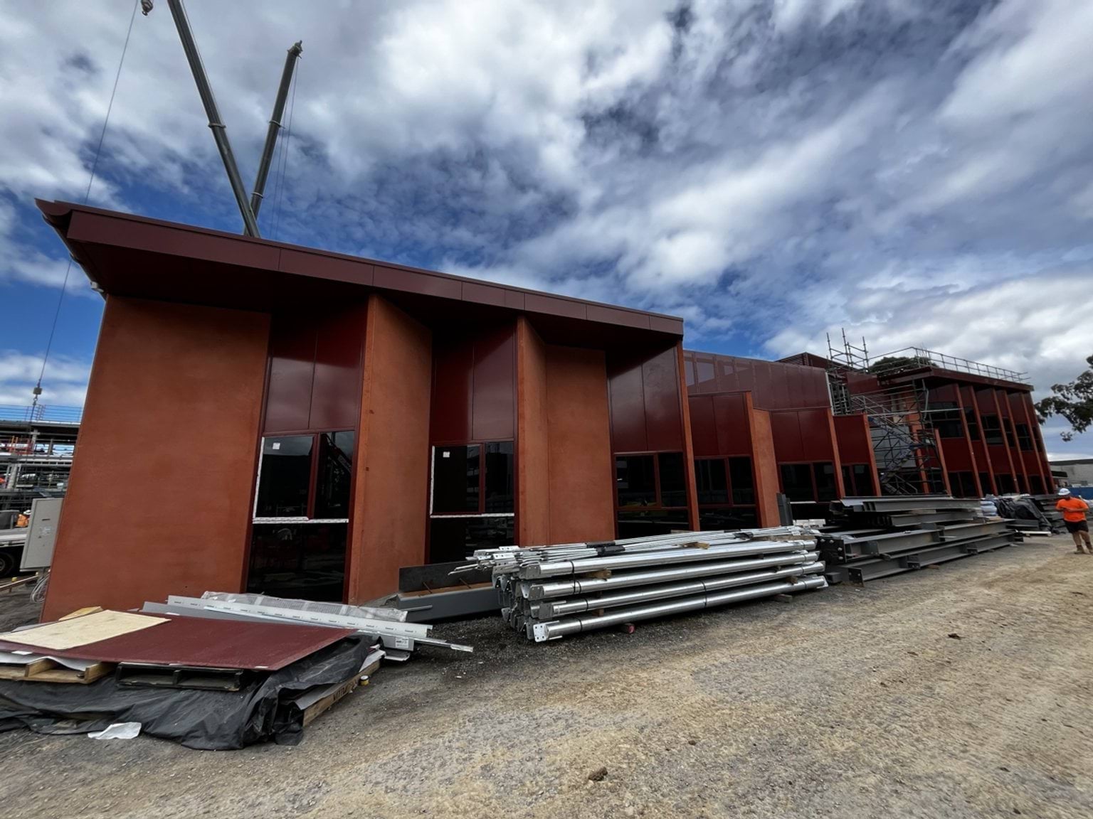 Red exterior walls shifted to a 45 degree angle to allow window wells. 