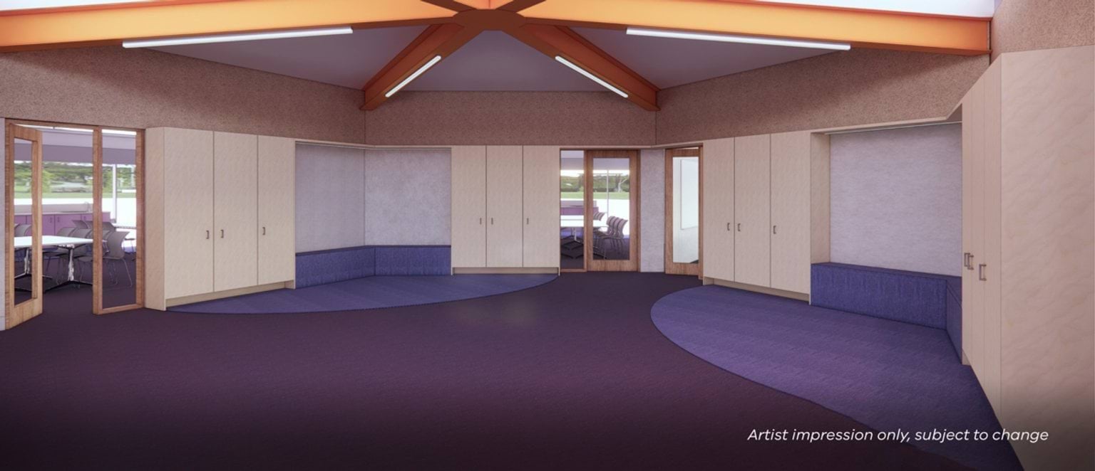 Indoor graphic of an open room. There is a blue carpet, seating and cupboards built into the walls, and orange beams across the ceiling. There are three doorways that lead to other rooms.