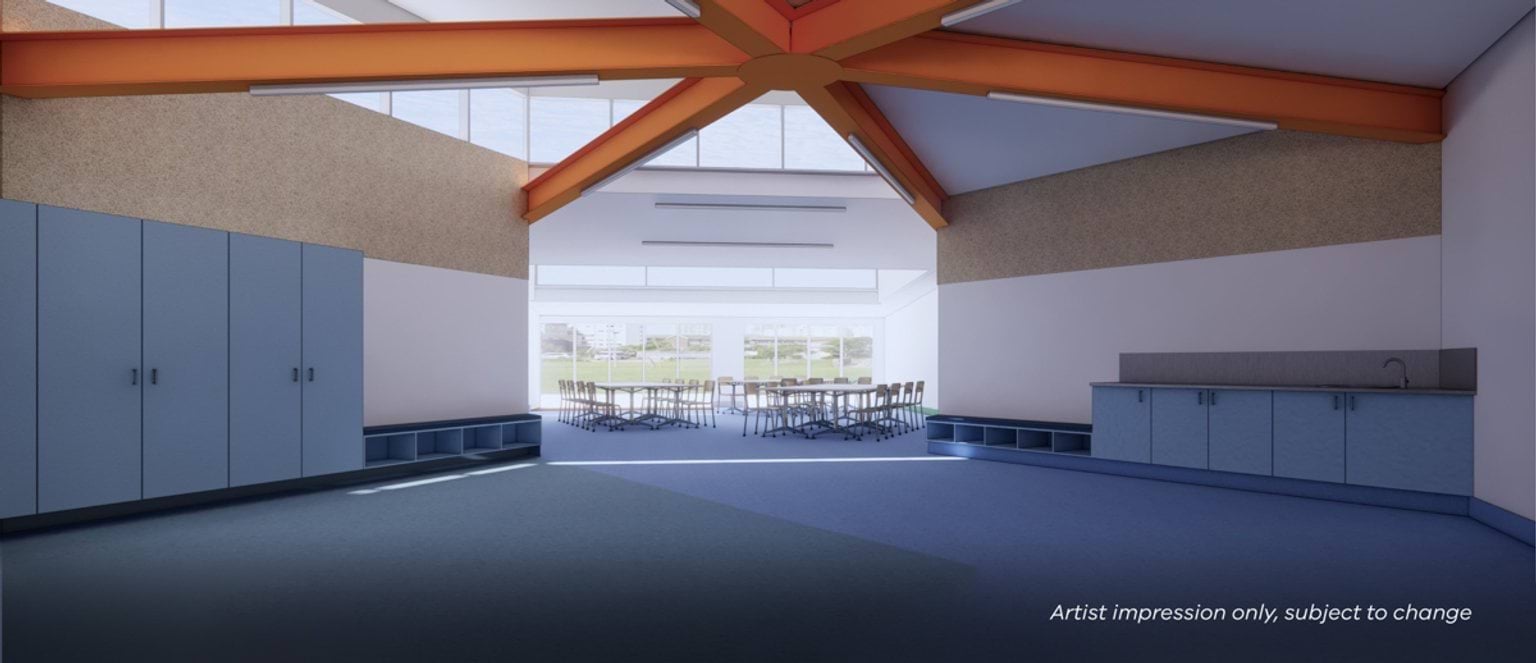 Indoor graphic of a room with blue carpet, white walls, and orange beams stretching across the ceiling. There are blue cupboards on the sides of the room, and seating in the backrgound.