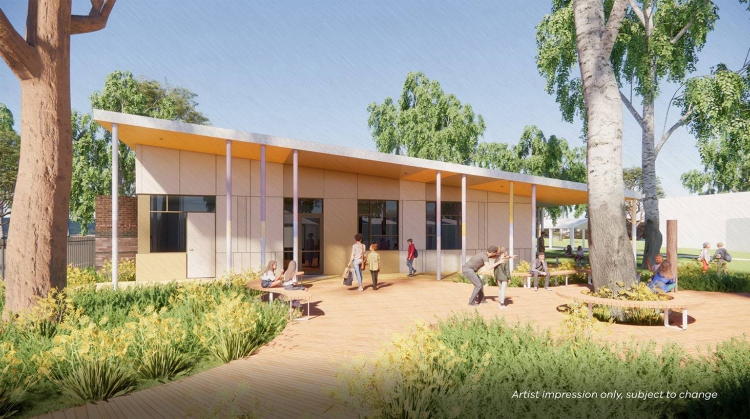 Graphic of one-story school building with children entering via a pathway. There are trees, grass, and a blue sky.