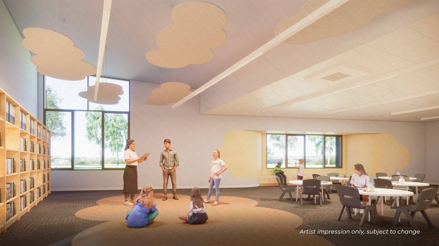 Indoor graphic of children and teachers inside a school room. There are children sitting on a carpeted floor next to bookshelves, a teacher speaking, and windows looking out to trees.