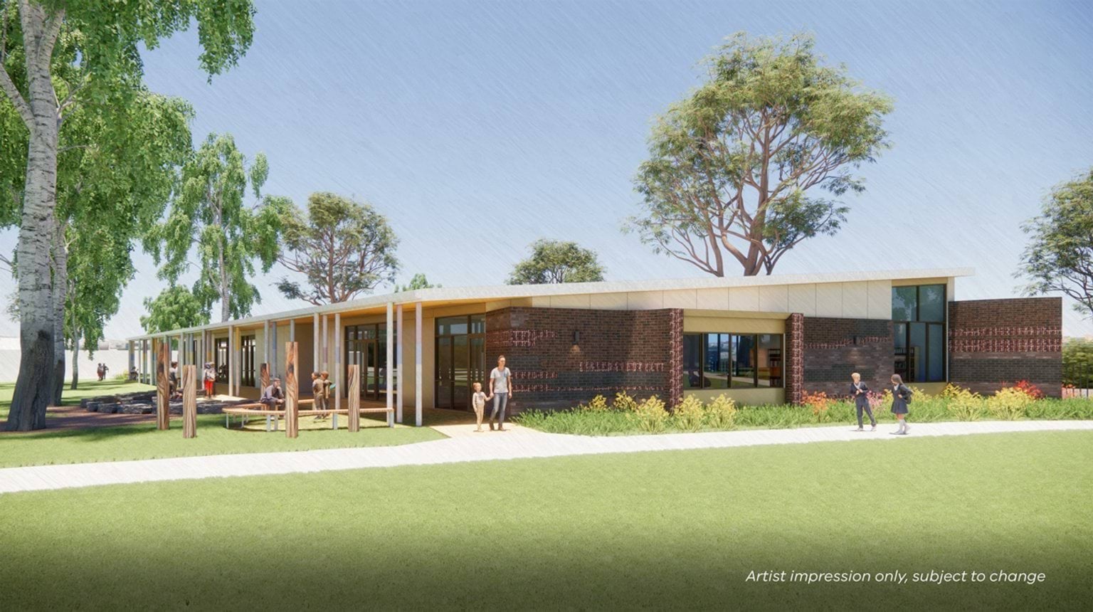 Outdoor graphic of a one-story school building. It has a brown brick facade and floor to ceiling windows. There is a path, grass, and trees nearby with parents and students walking around.