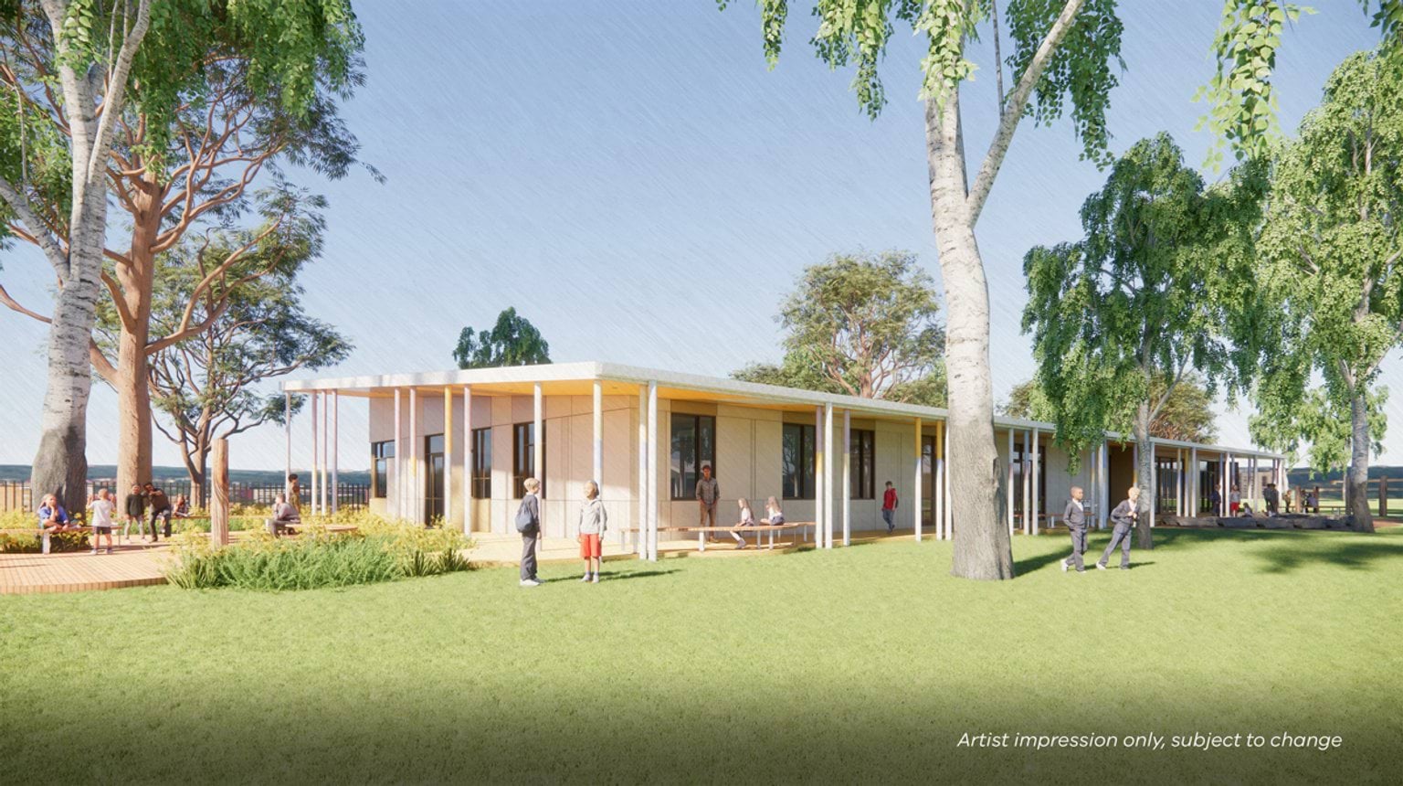 Outdoor graphic of a one-story school building. It is surrounded by trees, grass, and people.