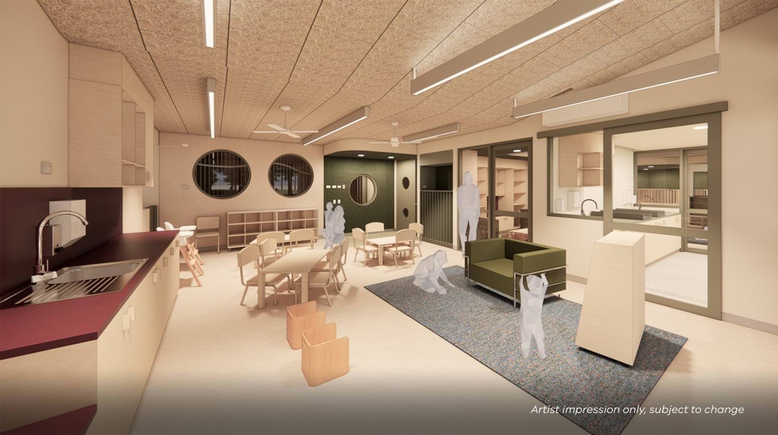 Render of inside new centre building. There is a white floor, sink, seating, and shelves.