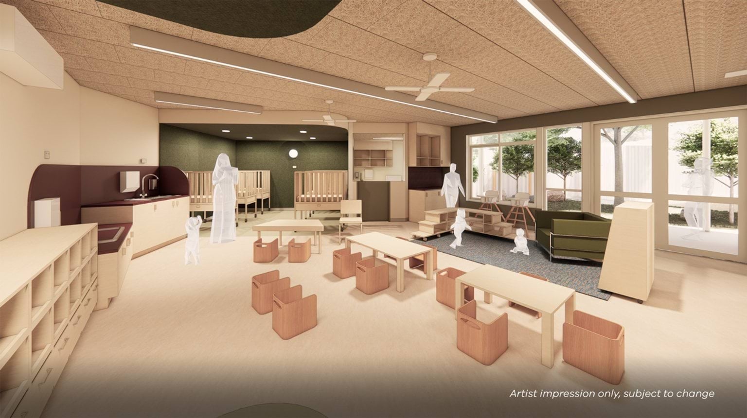 Render of inside new centre building. There is seating, shelves, and a nap area in the background.