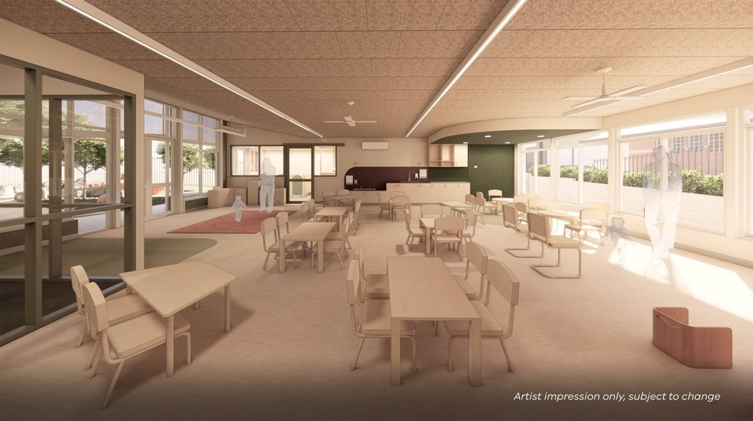 Render of inside new centre building. There are tables and chairs, with sunlight coming in through large windows.