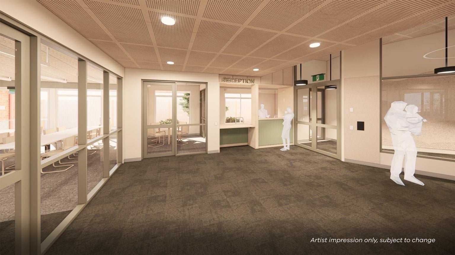 Render of reception inside new building. There is a reception next and glass doors.